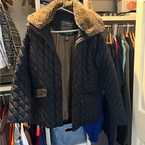 Eddie Bauer Black Quilted Puffer with Faux Fur Collar